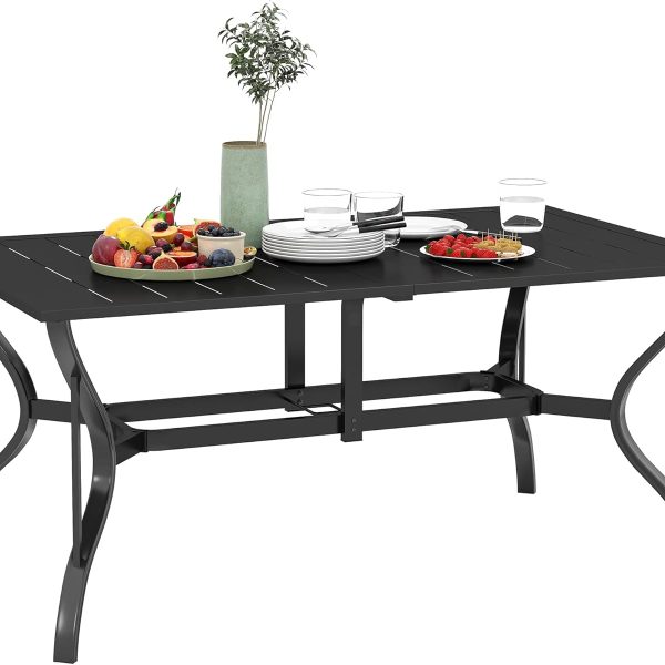 Rectangle Outdoor Dining Table for 6 People, Steel Rectangular Patio Table with Umbrella Hole, Steel Frame for, Balcony, Black