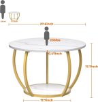 Round Coffee Table with Storage, 27.6 inch Small Living Room Tables with Adjustable Feet, 2-Tier Farmhouse Center Table for Home Office, Marble
