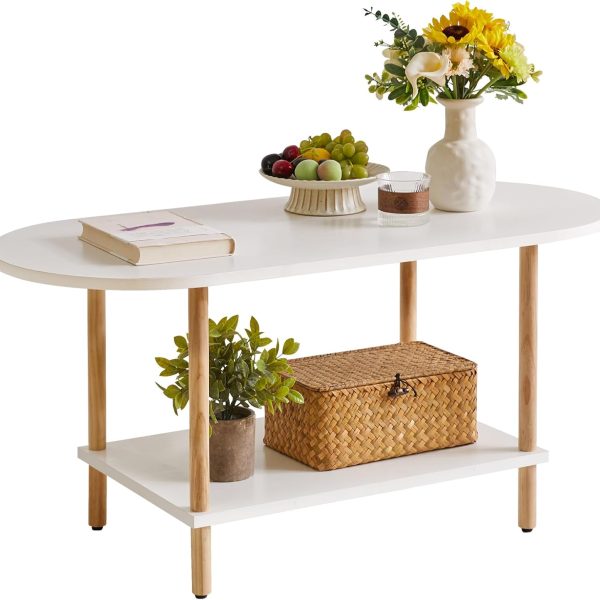 Oval Coffee Table White, Small Wooden Coffee Table for Small Space, Tea Table Stand 35 * 16 * 17 inches, 2 Tier Center Table for Living Room White