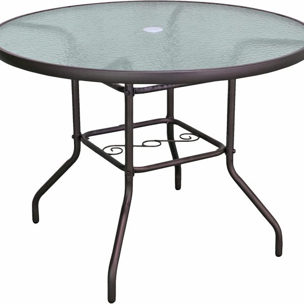 Outdoor Patio , Round Dining Table, Steel Base and Rim with Waterwave Glass Top, Brown, 40"