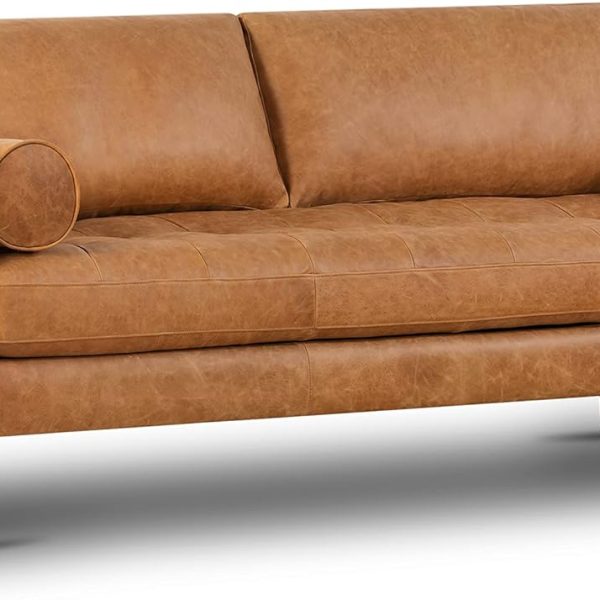 Cognac Tan Brown Leather Couch - 88.5" Mid Century Leather Sofa with 2 Bolsters - Full Grain Camel Leather Couch - Feather-Down Topper On Seating Surface - re-Aniline Italian Leather