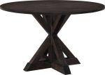 Round Solid Wood Rustic Dining Table for Farmhouse Kitchen Room Decor, Wooden Trestle Pedestal Base, 46.5" Wide Circular Tabletop, Distressed Dark Brown