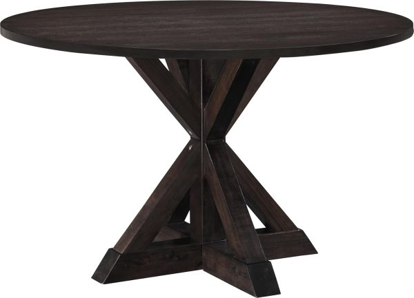 Round Solid Wood Rustic Dining Table for Farmhouse Kitchen Room Decor, Wooden Trestle Pedestal Base, 46.5" Wide Circular Tabletop, Distressed Dark Brown