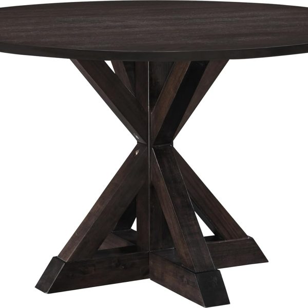 Round Solid Wood Rustic Dining Table for Farmhouse Kitchen Room Decor, Wooden Trestle Pedestal Base, 46.5" Wide Circular Tabletop, Distressed Dark Brown
