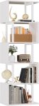 White Geometric Bookshelf 6 Tier S-Shaped Bookcase, Tall Modern Display Storage Shelf, Metal and Wood Decorative Freestanding Room Divider Shelves for Bedroom, Living Room, Office