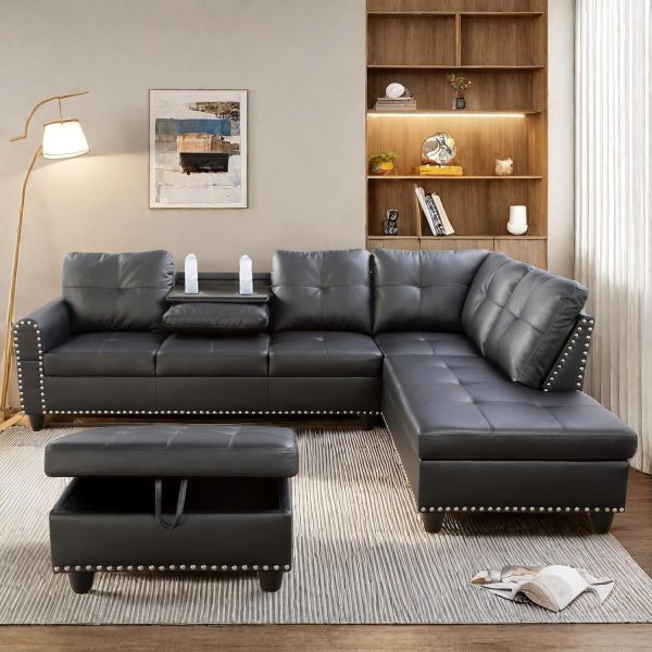 Leather L Shaped Couch with Ottoman, Modern Nail-Head Design Comfy Sectional Sofa with Cup Holder & Chaise for Living Room, Bedroom, Office