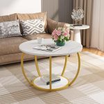 Round Coffee Table with Storage, 27.6 inch Small Living Room Tables with Adjustable Feet, 2-Tier Farmhouse Center Table for Home Office, Marble