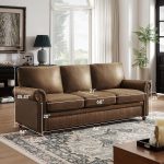 84" Faux Leather Couch, Mid-Century Modern Couch w/Brass Nailhead Trim, 3 Seater Sofa Couch w/Rolled Arm, Pocket Spring Cushions, Gourd Feet, Dark Brown Couch Leather Sofas for Living Room