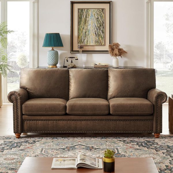84" Faux Leather Couch, Mid-Century Modern Couch w/Brass Nailhead Trim, 3 Seater Sofa Couch w/Rolled Arm, Pocket Spring Cushions, Gourd Feet, Dark Brown Couch Leather Sofas for Living Room