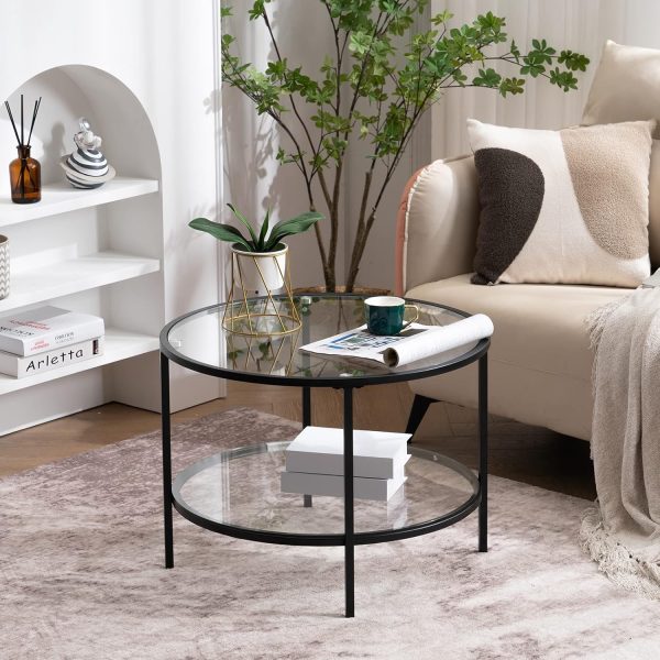 25.6" Round Black Coffee Tables for Living Room, 2-Tier Glass Top Coffee Table with Storage Clear Coffee, Simple & Modern Center Table for Small Space