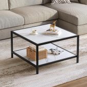 White Coffee Table with Storage 2 Tier Modern Suqare Coffee Tables for Living Room Small Faux Marble Center Table for Office Apartment Home, Easy Assembly