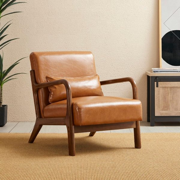 30" H Mid Century Yellowish Brown Accent Armchair, Single Reading Sofa, Leather Lounge Chair with Walnut Ruberwood Frame for Livingroom or Office