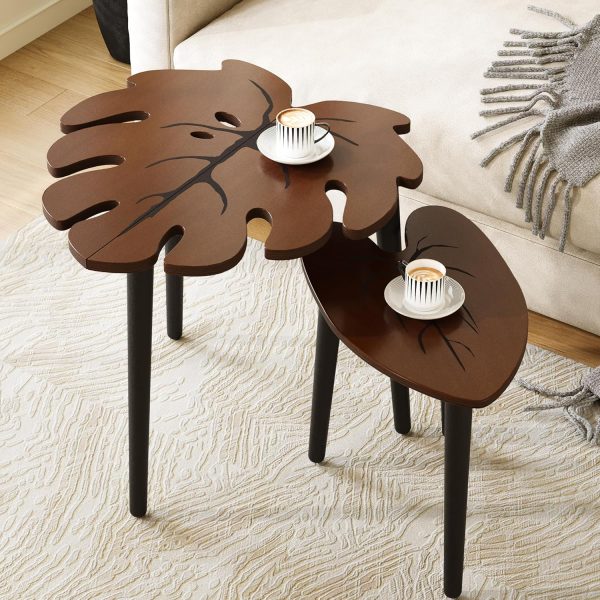 Monstera Leaf Nesting Tables Set of 2, Small Coffee Table Set with Leaf Vein Pattern, Modern Wooden Side Tables for Living Room Bedroom Apartment Balcony Yard